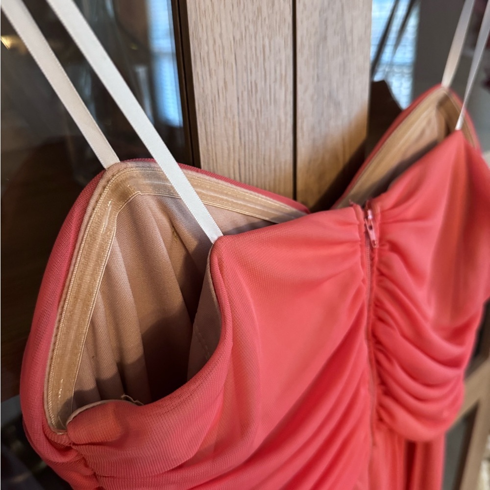 Coral Chiffon Maxi Dress w/ Jeweled Waist Strapless Formal Prom Evening Gown - Picture 5 of 8